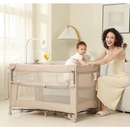 5 in 1 Pack and Play, Baby Bassinet Bedside Sleeper, Baby Playard, Bedside Crib with Changing Table, Foldable Travel Playard for Newborn to Toddles (Beige)