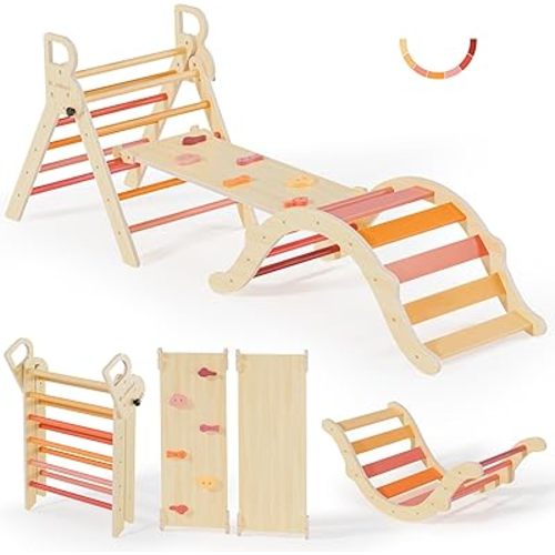 BlueWood Pikler Triangle Set, Toddler Wooden Climbing Toys Indoor 7in1 Foldable Climber for Kids, Montessori Play Jungle Gym with Arch, Ramp, Ladder (Farm Charm Autumn)