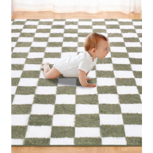 Super Soft Rug for Bedroom, 8x10 Ft Green and White Area Rug Classic Checkered Shaggy Anti-Skid High Pile Soft Fluffy Rug Fuzzy Carpet for Living Room Bedroom Kids Room Nursery, Dorm Home Decor