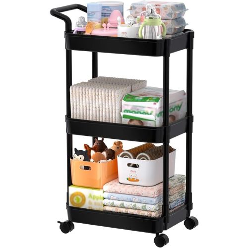 Volnamal Diaper Caddy - Plastic Diaper Organizer for Nursery Essentials, Baby Organizers and Storage, Movable Cart for Changing Table & Crib, Baby Registry Search, Black