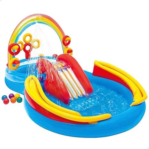 Intex 57453EP 9.75 Foot x 6.3 Foot x 53 Inch Multicolor Rainbow Slide Kids Inflatable Pool with Water Slide and Ring Toss for Children Ages 2 and Up