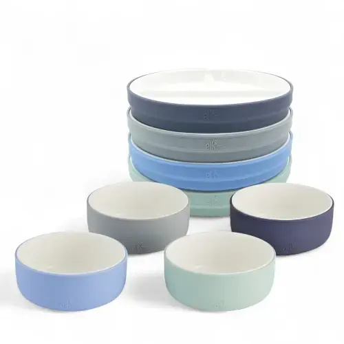 Kids Porcelain Mealtime Bundle | Normal Sleeves | 6.7" Plates + Bowls | 8 Pcs | Sage/Misty Blue/Navy/Gray