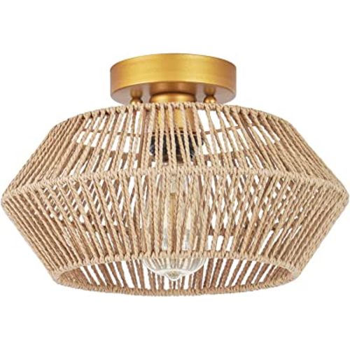 VILUXY Woven Rattan Light Fixtures Ceiling Mount, Hand-Worked Cage Shade Natural Mini Chandelier Antique Brass Brush Paint Finish for Bedroom, Corridor, Hallway, Entryway, Study Room