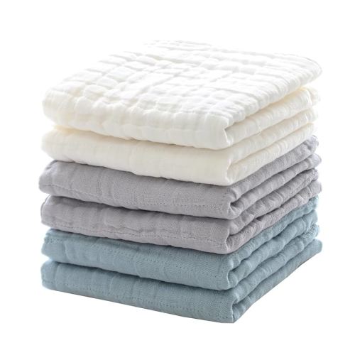 MUKIN Baby Wash Towels, Soft Face Cloths, Newborn Absorbent Bath Wipes, Burp Cloths or Towels, Pack of 6, 12x12 inches (White, Ash Gray, Ice Blue)