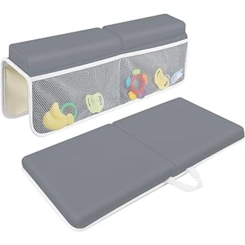 JJGoo Bath Kneeler with Elbow Rest Pad Set, 1.5 inch Kneeling Pad Mat for Bathtub Baby Bathing Parents, Painless Foam Mat with Toy Organizer Pockets, Non-Slip for Baby and Toddler Bathing,Dark Grey
