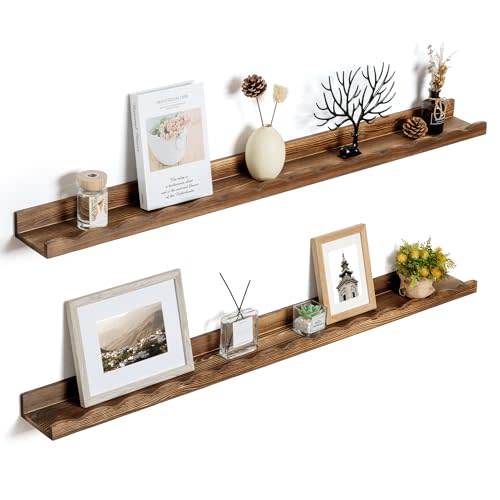 Fun Memories Picture Ledge Shelf for Wall, 48 inch Pine Wood Nursery Book Shelves Set of 2- Wall Book Shelves for Kids Room, Home Decor - Kitchen Spice-Carbonized