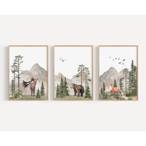 Woodland Nursery wall art PRINTED VERSION, Mountain wall art, tree nursery decor Forest nursery- Nursery Prints Watercolor Woodland- W05
