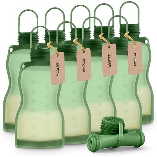 haakaa Silicone Breast Milk Storage Bag 9 oz- Reusable Milk Collector Freezer Bag for Breastfeeding Mom - Baby Food Storing Yummy Pouch - Breast Pump Bag - Self Standing -Leakproof - 10PK