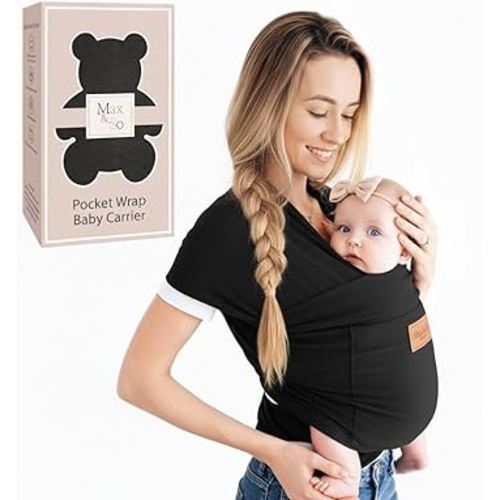 Baby Wrap Carrier - Premium Cotton Baby Carrier Wrap for Newborn to Toddler- Infant Carrier- Baby Holder One Size Fits All with Front Pocket (Black) by Max&so