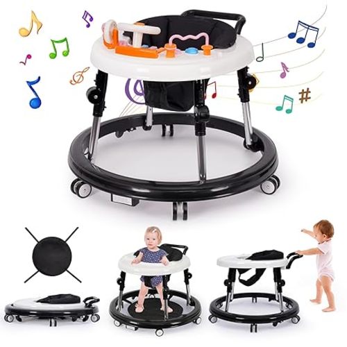Music and Lights Baby Walker Foldable with 9 Adjustable Heights, Baby Walker with Wheels Portable, Baby Walkers and Activity Center for Boys Girls Babies 7-18 Months (New-Black)