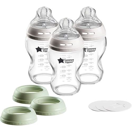 Tommee Tippee Natural Start 3 Uses Glass Baby Bottle, Cup or Jar Set, 9oz, Slow Flow Breast-Like Nipple for a Natural Latch, Leakproof Travel Food Jar Lids