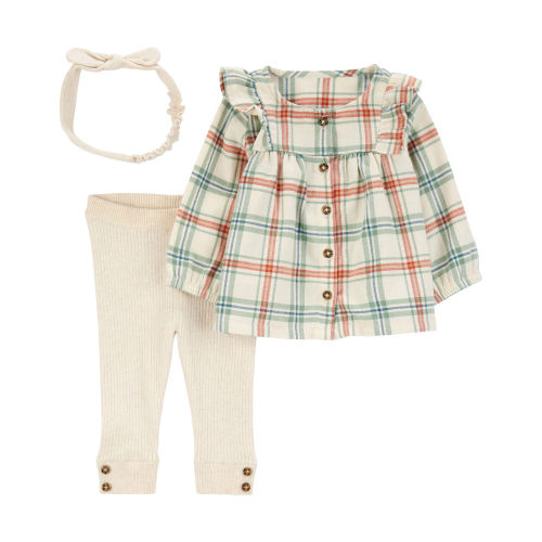 Baby 3-Piece Plaid Flannel Top & Ribbed Legging Set