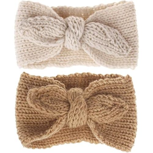 Utaly Winter Cute Kids Baby Girls Knit Rabbit Knotted Headband Headwrap Earwarmer (Tan +Beige, Stretchy)