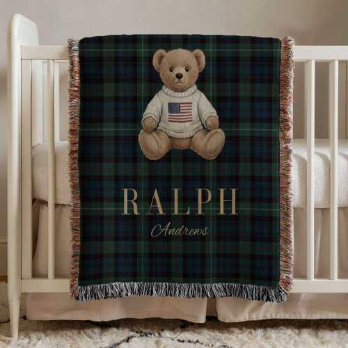 Custom Teddy Bear Blanket, Personalized Polo Bear, Preppy Tartan Plaid Throw, Vintage Baby Boy Nursery Decor, Luxury Baby Shower Gift
