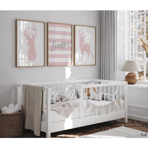 Girl deer room in pink and gray, personalized deer nursery wall art, blush pink deer art, deer hunting decor for little girl, pink fawn baby