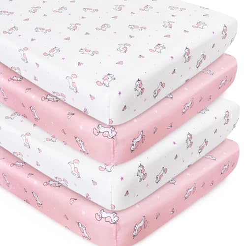 Crib Sheets Girl 4-Pack, Fitted Crib Sheets 52'' x 28'' for Standard Crib & Toddler Mattress, Soft and Breathable Material, Baby Girl Crib Sheets Neutral, Pink