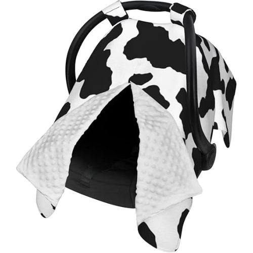 9CH Car Seat Covers for Babies, Peekaboo Opening Minky Car Seat Cover for Baby Mom Nursing Breastfeeding Covers, Winter Minky Baby Carrier Cover for Girls Boys (Cow)