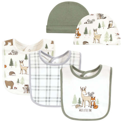 Hudson Baby Infant Boy Cotton Bib and Caps Set 5 Pack, Forest Animals, — buybuy BABY