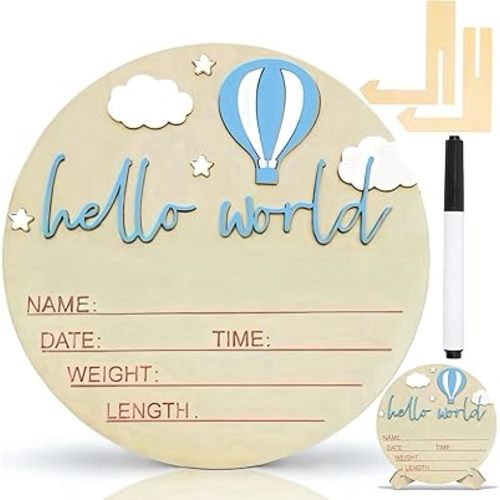Baby Announcement Sign,Personalized Wooden 5.9inch Hello World Newborn Sign,Birth Name Announcement,3D Pattern,Boys And Girls Gift,Hospital Nursery For Baby (Hot Air Balloon Blue)