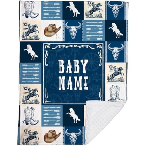 Personalized Name Minky Baby Blankets for Boys, Western Baby Stuff, Soft Plush Receiving Minky Blanket Double Layer with Dotted Backing for Infant Toddler Crib, Western Nursery Decorations (06)