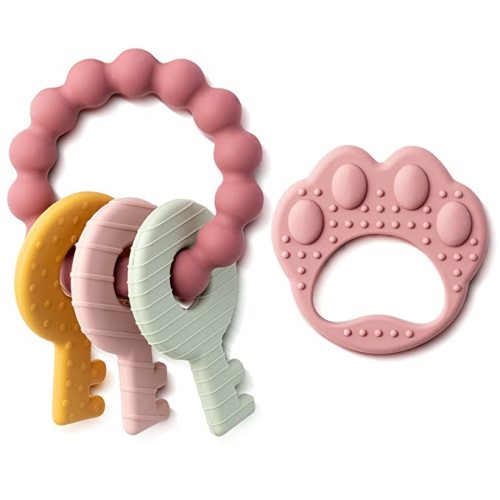 BWkoss 2Pcs Silicone Teething Toys for Babies, Pink Baby Wrist Teething Toys Infants Soft Teether Toys Toddlers Key Paw Design Toys Baby Shower Birthday Fall Thanksgiving Gifts for Baby Boy and Girl