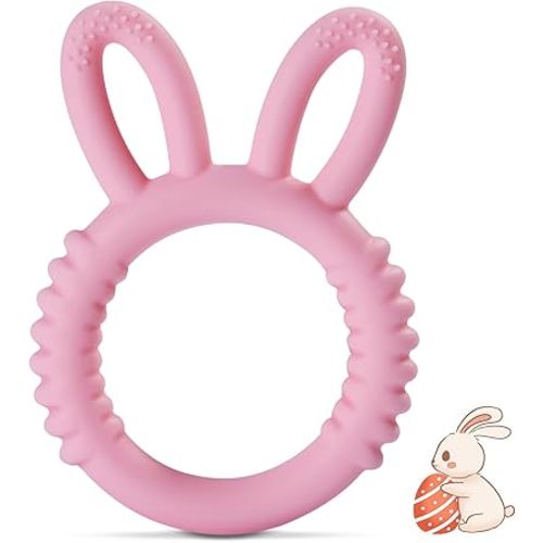 Easter Baby Teething Toys Bunny Baby Teether Toys Baby Easter Basket Stuffers Easter Gift Easy to Clean Teething Ring (Baby Pink)