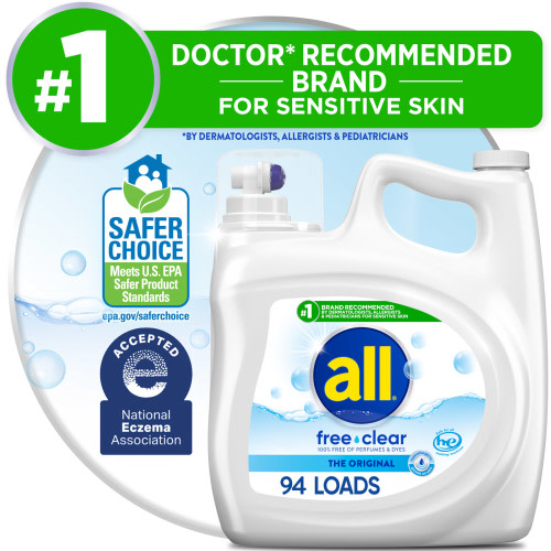 all Liquid Laundry Detergent, Free & Clear, Hypoallergenic, Dermatologist Recommended, 141 Ounce, 94 Loads
