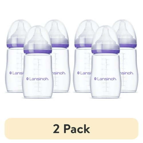 (2 pack) Lansinoh Anti-Colic Baby Bottles for Breastfeeding Babies, 8 fl oz, 3 Medium Flow Nipples