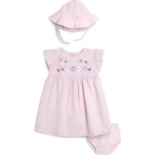 Stripe Bunny Embroidered Cotton Dress, Sun Hat & Bloomers, 3-6M