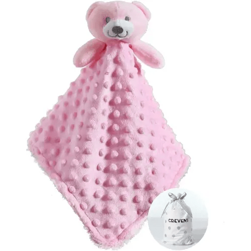 CREVENT Baby Comforting Security Blanket for Baby Girls, Minky Dot Front + Sherpa Backing (Pink Bear)