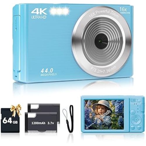 Digital Camera for Teens, FHD 4K 44MP with 64GB SD Card, 16X Digital Zoom, Compact Point Shoot Camera Blue