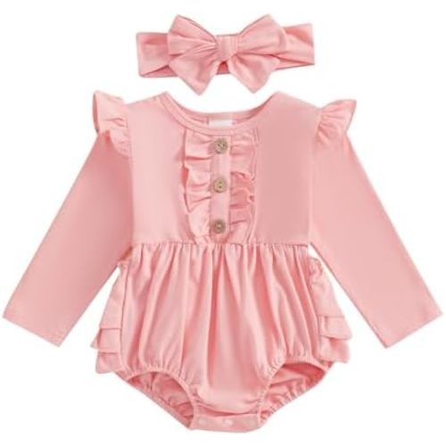 Newborn Baby Girl Outfit Ruffle Bubble Romper Long Sleeve Infant Bodysuit Jumpsuit with Headband Clothes