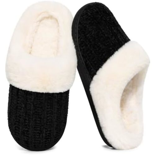 Evshine Warm Knit House Slippers for Women Comfy Wool-Like Lined Chenille Slippers with Memory Foam and Indoor Outdoor Soles