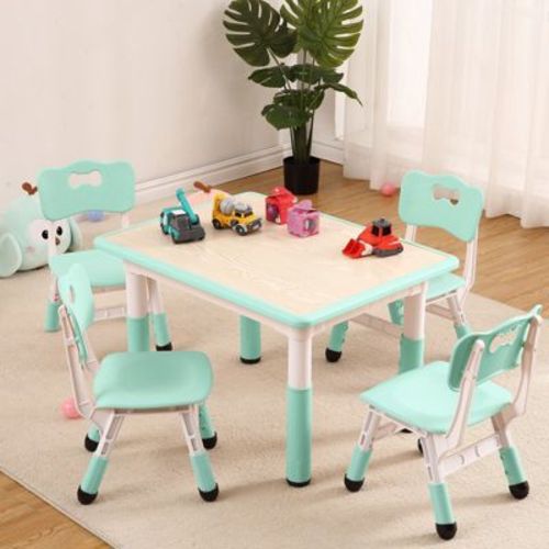 Kids Table and Chairs Set, Toddler Height Adjustable Desk with Graffiti Desktop, 4 Seats