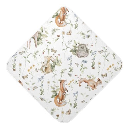 Burbuja Woodland Animals Baby Bath Towel - Soft Absorbent Muslin Cotton Hooded Towel for Newborn Infant Toddler, 30x30 in