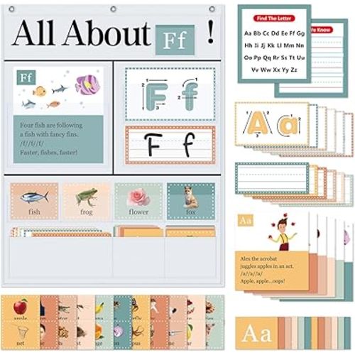All About Letters Pocket Chart with 99 ABC Flash Cards, Letter of The Day/Week Daypocket Chart, Letter Tracing Learning Educational Wall Chart Preschool Classroom Homes, 34" X 27"White