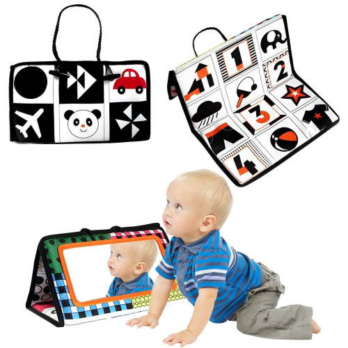 Baby Tummy Time Floor Mirror with Soft Cloth Books and Teethers Montessori Infant Sensory Development Cloth Book High Contrast Black and White Baby Toys for 0 to 3 Years old Toddlers