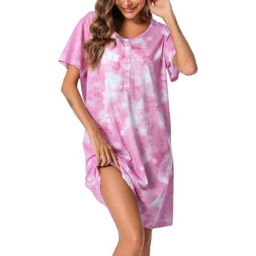 ENJOYNIGHT Womens Short Sleeve Nightgown Tie Dye Nightshirt Nursing Sleepshirts Breastfeeding Sleep Dress