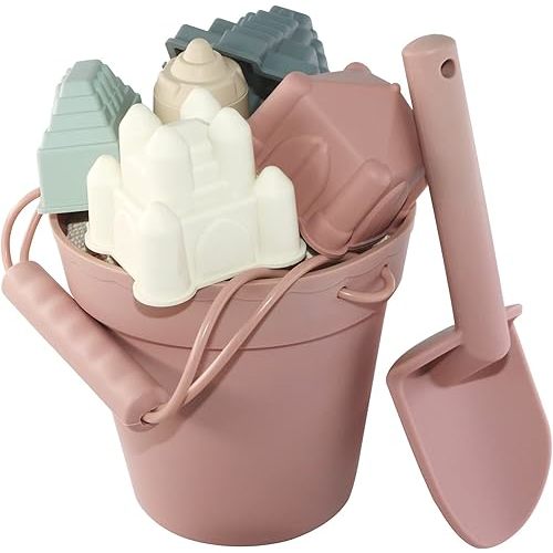 Santoy Silicone Beach Toys for Kids|Baby Beach Set for Summer|5 Sand Molds|Sand Castle, Bucket Shovel for Toddlers by The Sea, Travel Beach Sand Toys for Endless Sandy Fun(Pink)