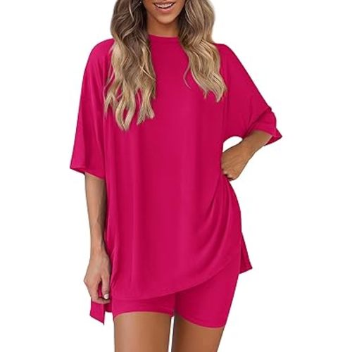 PRETTYGARDEN Women 2 Piece Lounge Set 2026 Summer Casual Oversized Shirts Biker Shorts Matching Airport Travel Outfit Clothes