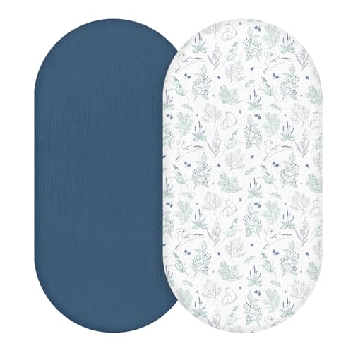 Muslin Bassinet Fitted Sheets, 2 Pack for Baby Boy and Girl, Soft Breathable Baby Pad/Mattress Sheet, Fit for Hourglass Oval and Rectangle Bassinet Mattress (Blue Deer)