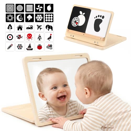 Tummy Time Play Set - Montessori Baby Safe Mirror Toy and Card Display Stand with High Contrast Black and White Cards, Adjustable Angle Large Baby Mirror and Double-Sided Design for 0-6M Newborns