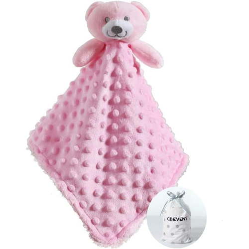 CREVENT Soft & Snuggle Wrap for Newborn Baby Girls, Pink Bear Security Blanket, Minky Dot Front, Sherpa Backing