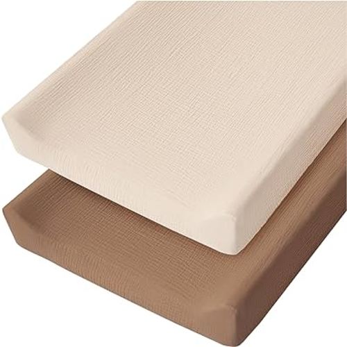 Konssy 2 Pack Muslin Changing Pad Cover for Baby Girls Boys 100% Cotton Fitted Diaper Changing Table Cover Set, Soft Changing Pad Sheets (Brown, Cream)