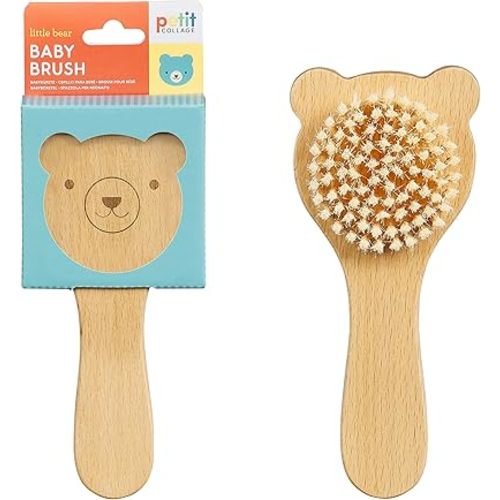 Petit Collage Wooden Baby Hairbrush – Soft Bristle Brush Made of FSC-Certified Beech Wood with Cute Bear Design
