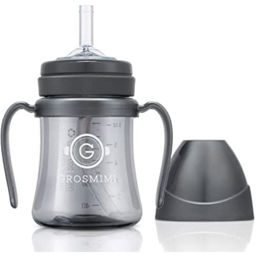 GROSMIMI Spill Proof no Spill Magic Sippy Cup with Straw with Handle for Baby and Toddlers, Customizable, PPSU, BPA Free 6 oz (Charcoal)