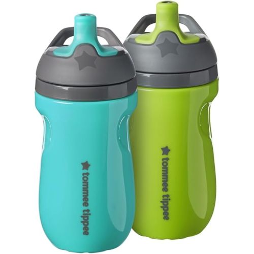 Tommee Tippee Insulated Sportee Bottle, for 12m+, 9oz, Pack of 2 Non-Spill Toddler Water Bottles, Green and Teal, with Two-Piece Valve to Help Stop Spills, Bite-Resistant Spout and Easy-Hold Handle