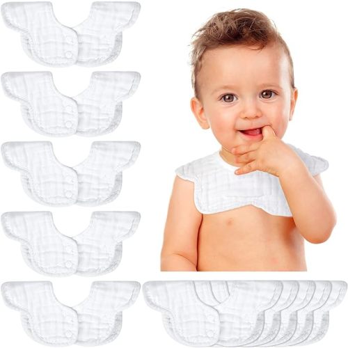Geyoga 10 Pcs Baby Bibs 360° Rotate Baby Bandana Muslin Drool Bibs Petal Bibs Burp Gauze Cloths Absorbent Bib - Solid Pattern - White