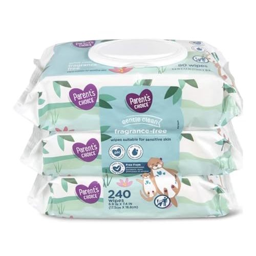Parent's Choice Gentle Clean Fragrance-free Unscented No Scent Baby Wet Wipes Suitable for Sensitive Skin Infused with Vitamin E and Aloe, 240 Count (Value Pack Includes 3 80-Count Packages) - 1 Pack