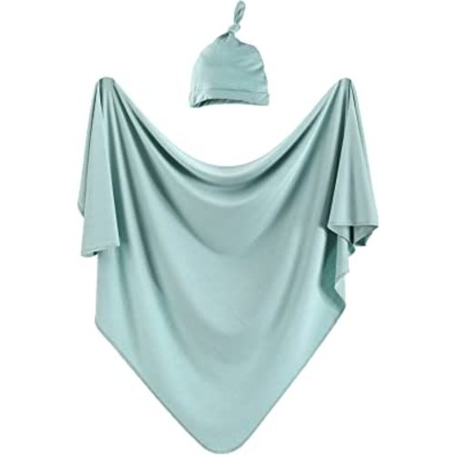 iEvolve Cotton Knitted Baby Swaddle Blanket with Hat Headband Set Newborn Swaddle Wrap Receiving Blankets for Baby Girl Boy 35" x 35"(LightGreen)